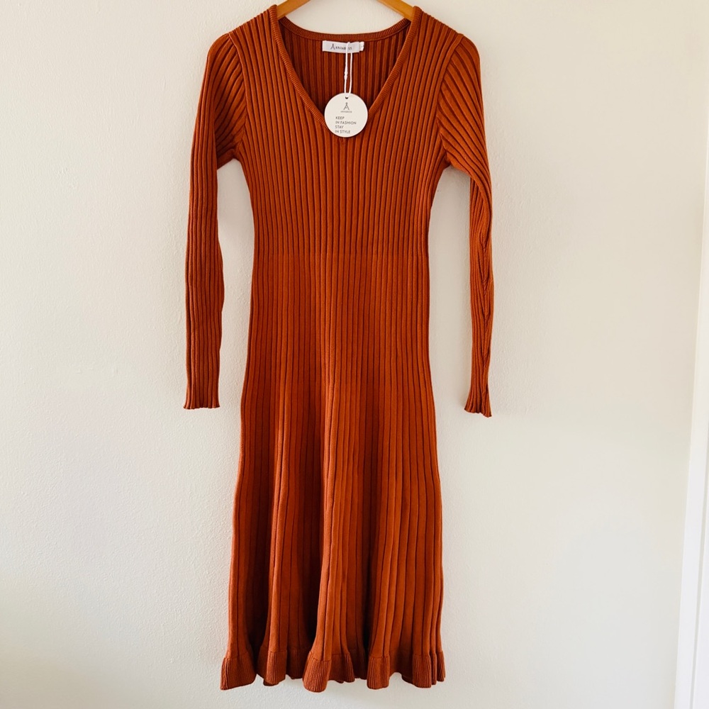 NWT Anrabess Long Sleeve Ribbed Bodycon Sweater Dress - Rust Red Brown - Picture 2 of 4
